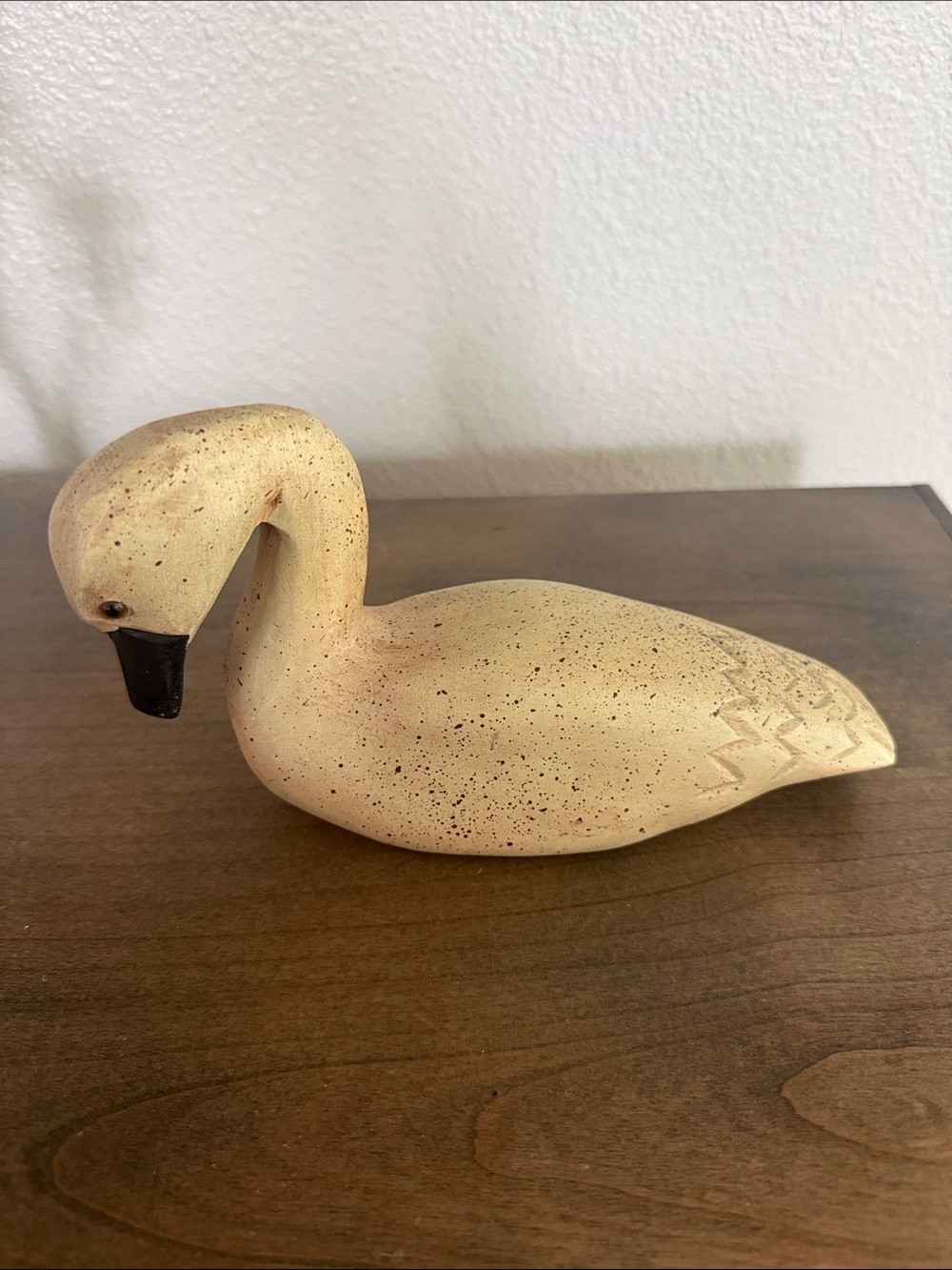 Neutral Speckled Wood carved Duck Folk Figurine Decoy